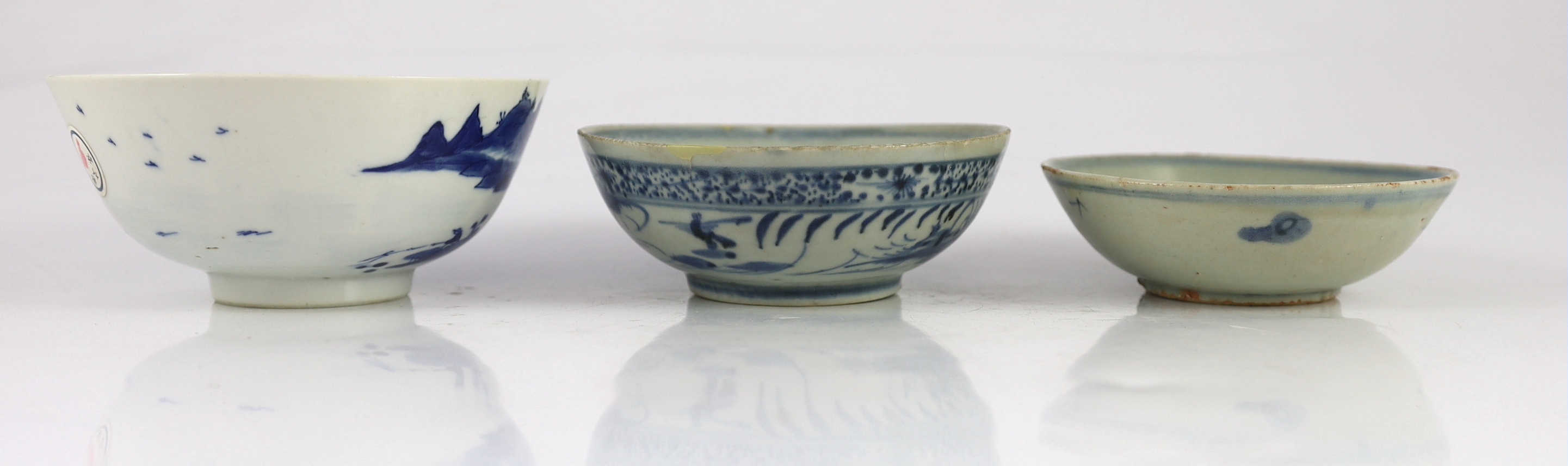 Two Chinese Ming blue and white bowls and a 19th century Chinese blue and white bowl, largest 13.5 cm (3)